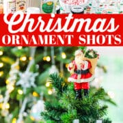 A jolly Santa Claus on top of a green tree with colorful ornaments filled with Christmas shots.