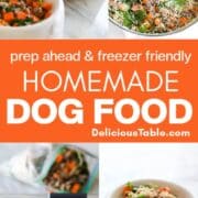 Homemade Dog Food ingredients in a large white pot with a white dog dish and a white dogs feet next to the dog food bowl.