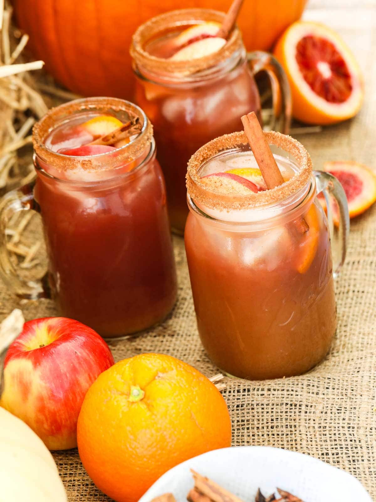 Glass mugs filled with apple cider sangria recipe garnished with cinnamon sticks.