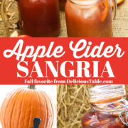 Apple cider Fall sangria in glasses next to a real pumpkin with fruit and garnished with cinnamon sticks served in a real pumpkin or drink dispenser.