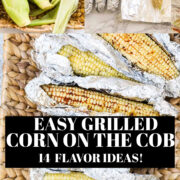 Grilled corn on the cob in pieces of foil in a woven basket.